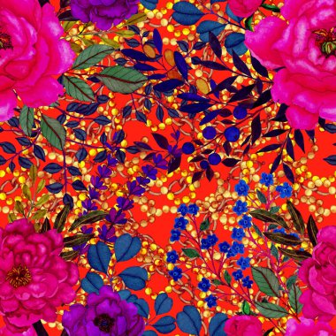 Çiçekler, yapraklar ve zincirlerle suluboya desenli, her amaçla yapılmış harika bir tasarım. Zarif çiçek desenli. Klasik yaz ya da bahar yüzey tasarımı. Moda tekstil dekorasyonu.