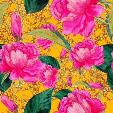 Çiçekler, yapraklar ve zincirlerle suluboya desenli, her amaçla yapılmış harika bir tasarım. Zarif çiçek desenli. Klasik yaz ya da bahar yüzey tasarımı. Moda tekstil dekorasyonu.