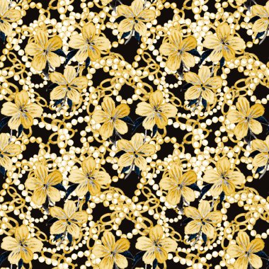 Çiçekler, yapraklar ve zincirlerle suluboya desenli, her amaçla yapılmış harika bir tasarım. Zarif çiçek desenli. Klasik yaz ya da bahar yüzey tasarımı. Moda tekstil dekorasyonu.