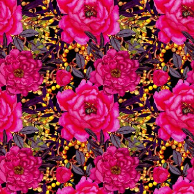 Çiçekler, yapraklar ve zincirlerle suluboya desenli, her amaçla yapılmış harika bir tasarım. Zarif çiçek desenli. Klasik yaz ya da bahar yüzey tasarımı. Moda tekstil dekorasyonu.