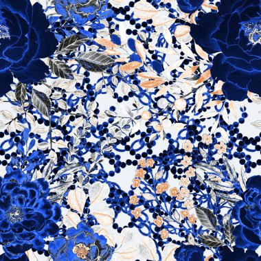 Çiçekler, yapraklar ve zincirlerle suluboya desenli, her amaçla yapılmış harika bir tasarım. Zarif çiçek desenli. Klasik yaz ya da bahar yüzey tasarımı. Moda tekstil dekorasyonu.