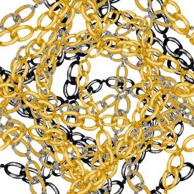 Zincirli suluboya desen. Elle çizilmiş metal mücevherli zarif moda baskısı. Klasik lüks yüzey tasarımı. Herhangi bir tasarım için suluboya süsleme.