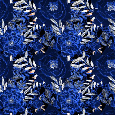 Çiçekler, yapraklar ve zincirlerle suluboya desenli, her amaçla yapılmış harika bir tasarım. Zarif çiçek desenli. Klasik yaz ya da bahar yüzey tasarımı. Moda tekstil dekorasyonu.