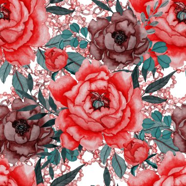 Çiçekler, yapraklar ve zincirlerle suluboya desenli, her amaçla yapılmış harika bir tasarım. Zarif çiçek desenli. Klasik yaz ya da bahar yüzey tasarımı. Moda tekstil dekorasyonu.