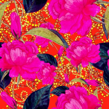 Çiçekler, yapraklar ve zincirlerle suluboya desenli, her amaçla yapılmış harika bir tasarım. Zarif çiçek desenli. Klasik yaz ya da bahar yüzey tasarımı. Moda tekstil dekorasyonu.