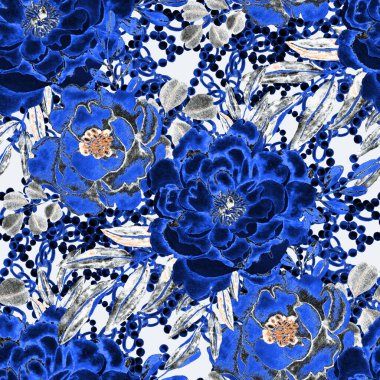Çiçekler, yapraklar ve zincirlerle suluboya desenli, her amaçla yapılmış harika bir tasarım. Zarif çiçek desenli. Klasik yaz ya da bahar yüzey tasarımı. Moda tekstil dekorasyonu.