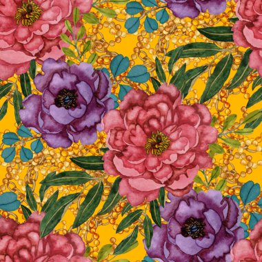Çiçekler, yapraklar ve zincirlerle suluboya desenli, her amaçla yapılmış harika bir tasarım. Zarif çiçek desenli. Klasik yaz ya da bahar yüzey tasarımı. Moda tekstil dekorasyonu.