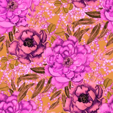 Çiçekler, yapraklar ve zincirlerle suluboya desenli, her amaçla yapılmış harika bir tasarım. Zarif çiçek desenli. Klasik yaz ya da bahar yüzey tasarımı. Moda tekstil dekorasyonu.