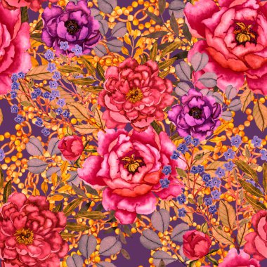Çiçekler, yapraklar ve zincirlerle suluboya desenli, her amaçla yapılmış harika bir tasarım. Zarif çiçek desenli. Klasik yaz ya da bahar yüzey tasarımı. Moda tekstil dekorasyonu.