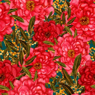 Çiçekler, yapraklar ve zincirlerle suluboya desenli, her amaçla yapılmış harika bir tasarım. Zarif çiçek desenli. Klasik yaz ya da bahar yüzey tasarımı. Moda tekstil dekorasyonu.