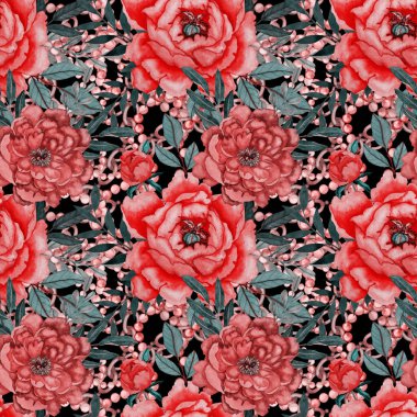 Çiçekler, yapraklar ve zincirlerle suluboya desenli, her amaçla yapılmış harika bir tasarım. Zarif çiçek desenli. Klasik yaz ya da bahar yüzey tasarımı. Moda tekstil dekorasyonu.