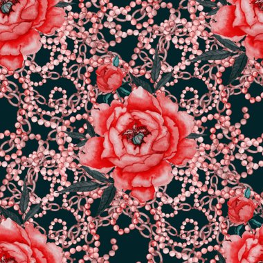 Çiçekler, yapraklar ve zincirlerle suluboya desenli, her amaçla yapılmış harika bir tasarım. Zarif çiçek desenli. Klasik yaz ya da bahar yüzey tasarımı. Moda tekstil dekorasyonu.