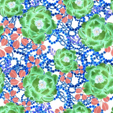 Çiçekler, yapraklar ve zincirlerle suluboya desenli, her amaçla yapılmış harika bir tasarım. Zarif çiçek desenli. Klasik yaz ya da bahar yüzey tasarımı. Moda tekstil dekorasyonu.