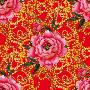 Çiçekler, yapraklar ve zincirlerle suluboya desenli, her amaçla yapılmış harika bir tasarım. Zarif çiçek desenli. Klasik yaz ya da bahar yüzey tasarımı. Moda tekstil dekorasyonu.