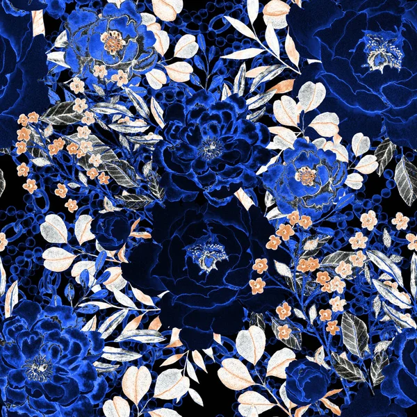 Ретро Акварельный Узор Печати Цветами Листьями Цепями Отличный Дизайн Любых — стоковое фото