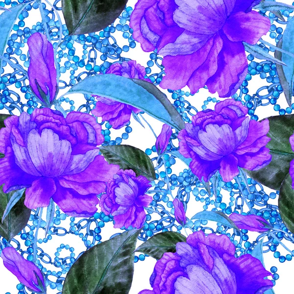 Ρετρό Υδατογραφία Αδιάλειπτη Μοτίβο Λουλούδια Φύλλα Και Αλυσίδες Μεγάλη Σχεδίαση — Φωτογραφία Αρχείου