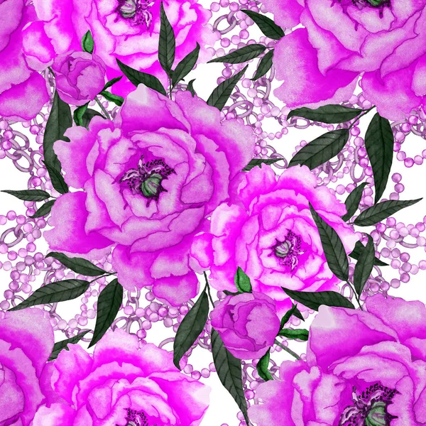 Retro Akwarela Bezszwowy Wzór Kwiatami Liśćmi Łańcuchami Świetny Design Wszelkich — Zdjęcie stockowe