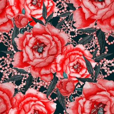 Çiçekler, yapraklar ve zincirlerle suluboya desenli, her amaçla yapılmış harika bir tasarım. Zarif çiçek desenli. Klasik yaz ya da bahar yüzey tasarımı. Moda tekstil dekorasyonu.