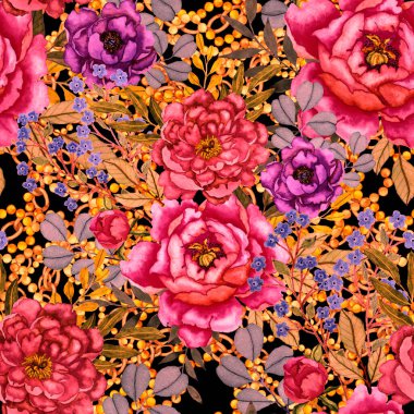 Çiçekler, yapraklar ve zincirlerle suluboya desenli, her amaçla yapılmış harika bir tasarım. Zarif çiçek desenli. Klasik yaz ya da bahar yüzey tasarımı. Moda tekstil dekorasyonu.