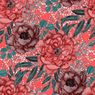 Çiçekler, yapraklar ve zincirlerle suluboya desenli, her amaçla yapılmış harika bir tasarım. Zarif çiçek desenli. Klasik yaz ya da bahar yüzey tasarımı. Moda tekstil dekorasyonu.