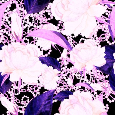 Çiçekler, yapraklar ve zincirlerle suluboya desenli, her amaçla yapılmış harika bir tasarım. Zarif çiçek desenli. Klasik yaz ya da bahar yüzey tasarımı. Moda tekstil dekorasyonu.