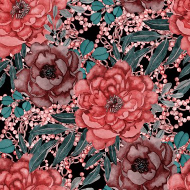 Çiçekler, yapraklar ve zincirlerle suluboya desenli, her amaçla yapılmış harika bir tasarım. Zarif çiçek desenli. Klasik yaz ya da bahar yüzey tasarımı. Moda tekstil dekorasyonu.