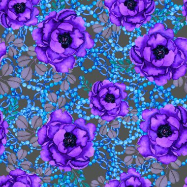 Çiçekler, yapraklar ve zincirlerle suluboya desenli, her amaçla yapılmış harika bir tasarım. Zarif çiçek desenli. Klasik yaz ya da bahar yüzey tasarımı. Moda tekstil dekorasyonu.