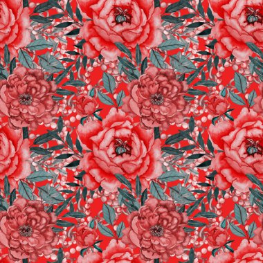Çiçekler, yapraklar ve zincirlerle suluboya desenli, her amaçla yapılmış harika bir tasarım. Zarif çiçek desenli. Klasik yaz ya da bahar yüzey tasarımı. Moda tekstil dekorasyonu.