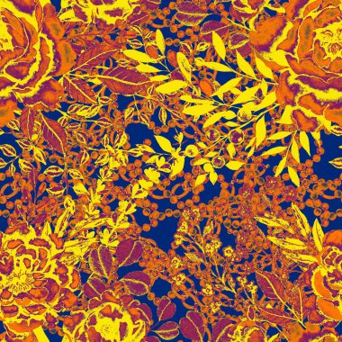 Çiçekler, yapraklar ve zincirlerle suluboya desenli, her amaçla yapılmış harika bir tasarım. Zarif çiçek desenli. Klasik yaz ya da bahar yüzey tasarımı. Moda tekstil dekorasyonu.