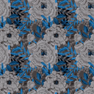Çiçekler, yapraklar ve zincirlerle suluboya desenli, her amaçla yapılmış harika bir tasarım. Zarif çiçek desenli. Klasik yaz ya da bahar yüzey tasarımı. Moda tekstil dekorasyonu.