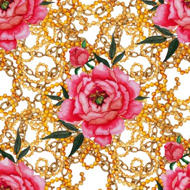 Çiçekler, yapraklar ve zincirlerle suluboya desenli, her amaçla yapılmış harika bir tasarım. Zarif çiçek desenli. Klasik yaz ya da bahar yüzey tasarımı. Moda tekstil dekorasyonu.