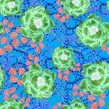 Çiçekler, yapraklar ve zincirlerle suluboya desenli, her amaçla yapılmış harika bir tasarım. Zarif çiçek desenli. Klasik yaz ya da bahar yüzey tasarımı. Moda tekstil dekorasyonu.
