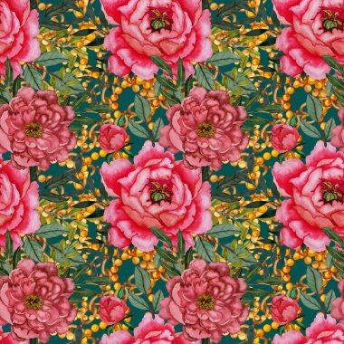 Çiçekler, yapraklar ve zincirlerle suluboya desenli, her amaçla yapılmış harika bir tasarım. Zarif çiçek desenli. Klasik yaz ya da bahar yüzey tasarımı. Moda tekstil dekorasyonu.