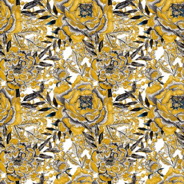 Çiçekler, yapraklar ve zincirlerle suluboya desenli, her amaçla yapılmış harika bir tasarım. Zarif çiçek desenli. Klasik yaz ya da bahar yüzey tasarımı. Moda tekstil dekorasyonu.