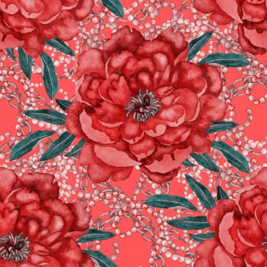 Çiçekler, yapraklar ve zincirlerle suluboya desenli, her amaçla yapılmış harika bir tasarım. Zarif çiçek desenli. Klasik yaz ya da bahar yüzey tasarımı. Moda tekstil dekorasyonu.