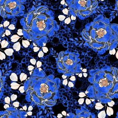 Çiçekler, yapraklar ve zincirlerle suluboya desenli, her amaçla yapılmış harika bir tasarım. Zarif çiçek desenli. Klasik yaz ya da bahar yüzey tasarımı. Moda tekstil dekorasyonu.