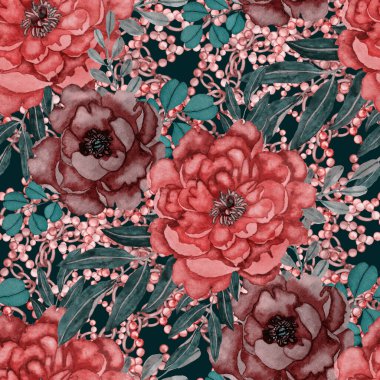 Çiçekler, yapraklar ve zincirlerle suluboya desenli, her amaçla yapılmış harika bir tasarım. Zarif çiçek desenli. Klasik yaz ya da bahar yüzey tasarımı. Moda tekstil dekorasyonu.