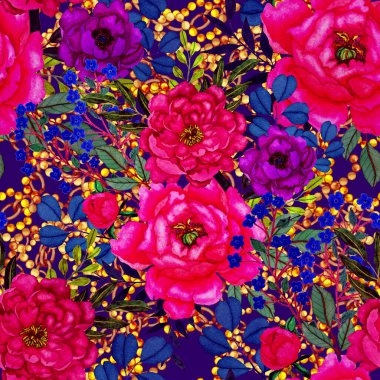 Çiçekler, yapraklar ve zincirlerle suluboya desenli, her amaçla yapılmış harika bir tasarım. Zarif çiçek desenli. Klasik yaz ya da bahar yüzey tasarımı. Moda tekstil dekorasyonu.