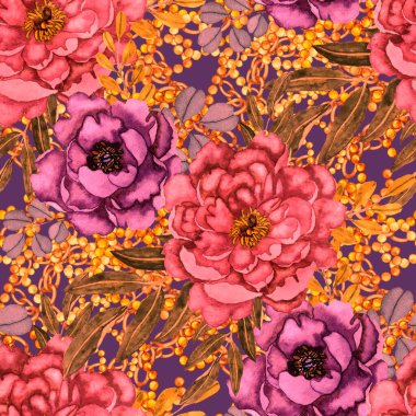 Çiçekler, yapraklar ve zincirlerle suluboya desenli, her amaçla yapılmış harika bir tasarım. Zarif çiçek desenli. Klasik yaz ya da bahar yüzey tasarımı. Moda tekstil dekorasyonu.