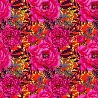 Çiçekler, yapraklar ve zincirlerle suluboya desenli, her amaçla yapılmış harika bir tasarım. Zarif çiçek desenli. Klasik yaz ya da bahar yüzey tasarımı. Moda tekstil dekorasyonu.