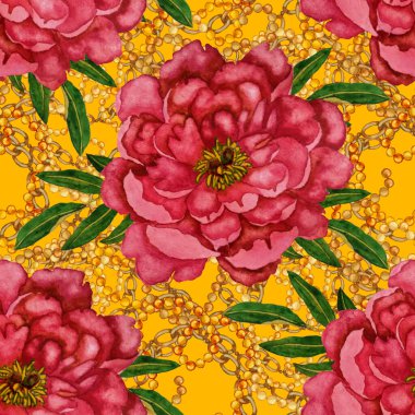 Çiçekler, yapraklar ve zincirlerle suluboya desenli, her amaçla yapılmış harika bir tasarım. Zarif çiçek desenli. Klasik yaz ya da bahar yüzey tasarımı. Moda tekstil dekorasyonu.