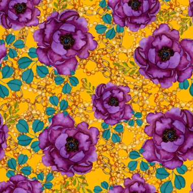 Çiçekler, yapraklar ve zincirlerle suluboya desenli, her amaçla yapılmış harika bir tasarım. Zarif çiçek desenli. Klasik yaz ya da bahar yüzey tasarımı. Moda tekstil dekorasyonu.
