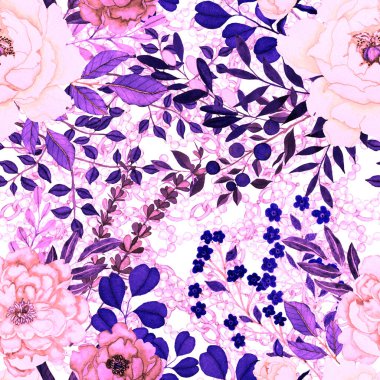 Çiçekler, yapraklar ve zincirlerle suluboya desenli, her amaçla yapılmış harika bir tasarım. Zarif çiçek desenli. Klasik yaz ya da bahar yüzey tasarımı. Moda tekstil dekorasyonu.