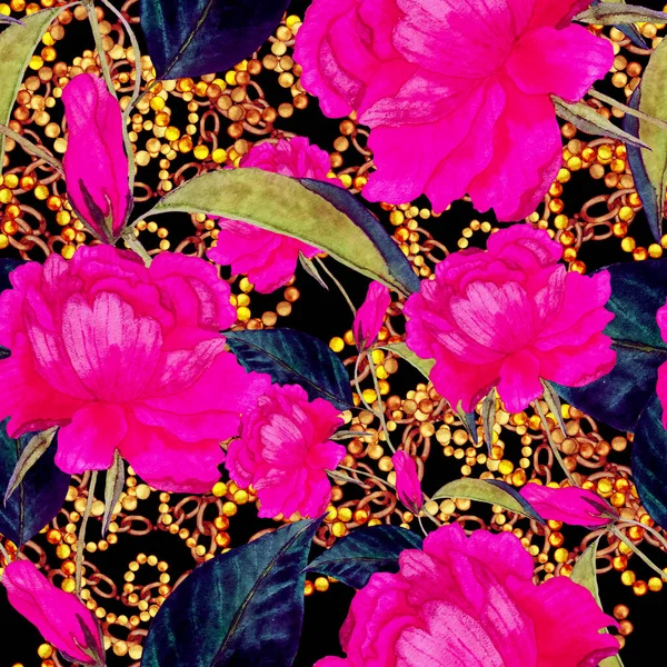 葉やチェーンとレトロな水彩シームレスパターンは 任意の目的のために素晴らしいデザイン エレガントな花のファッションプリント ヴィンテージ夏や春の表面デザイン 流行の織物装飾 — ストック写真
