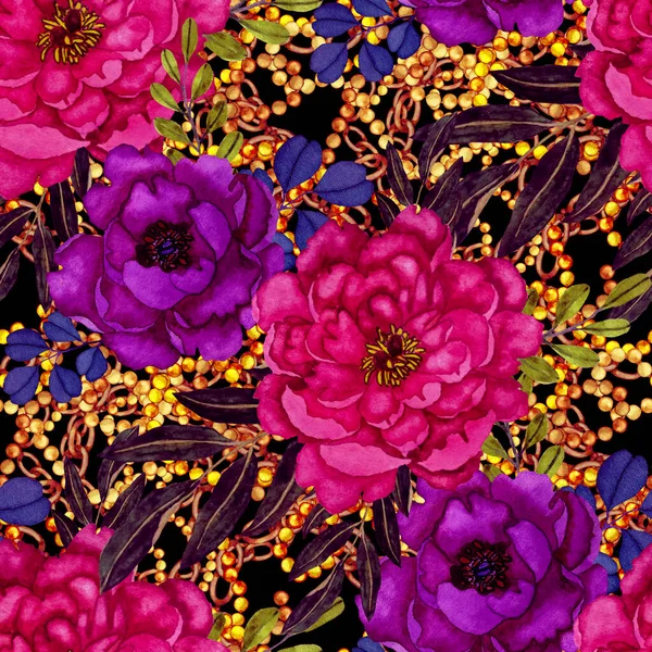 Retro Aquarel Naadloos Patroon Met Bloemen Bladeren Kettingen Geweldig Ontwerp — Stockfoto