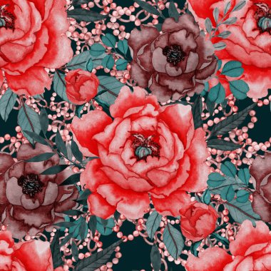 Çiçekler, yapraklar ve zincirlerle suluboya desenli, her amaçla yapılmış harika bir tasarım. Zarif çiçek desenli. Klasik yaz ya da bahar yüzey tasarımı. Moda tekstil dekorasyonu.