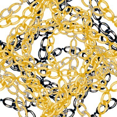 Zincirli suluboya desen. Elle çizilmiş metal mücevherli zarif moda baskısı. Klasik lüks yüzey tasarımı. Herhangi bir tasarım için suluboya süsleme.