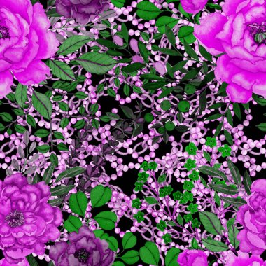 Çiçekler, yapraklar ve zincirlerle suluboya desenli, her amaçla yapılmış harika bir tasarım. Zarif çiçek desenli. Klasik yaz ya da bahar yüzey tasarımı. Moda tekstil dekorasyonu.