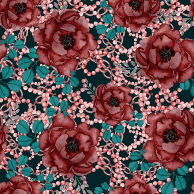 Çiçekler, yapraklar ve zincirlerle suluboya desenli, her amaçla yapılmış harika bir tasarım. Zarif çiçek desenli. Klasik yaz ya da bahar yüzey tasarımı. Moda tekstil dekorasyonu.