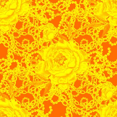 Çiçekler, yapraklar ve zincirlerle suluboya desenli, her amaçla yapılmış harika bir tasarım. Zarif çiçek desenli. Klasik yaz ya da bahar yüzey tasarımı. Moda tekstil dekorasyonu.